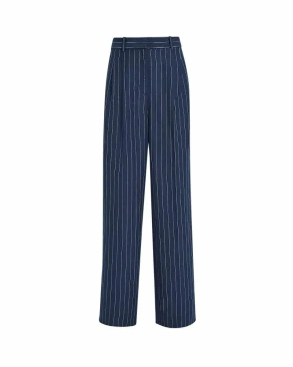 Club Monaco Pants Pinstripe Pleated Linen Blend Trouser Navy 8211 Women
