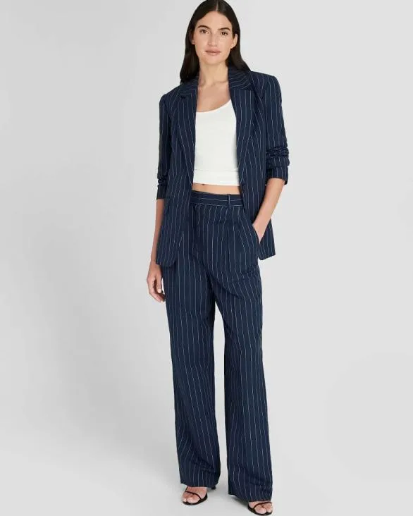 Club Monaco Pants Pinstripe Pleated Linen Blend Trouser Navy 8211 Women