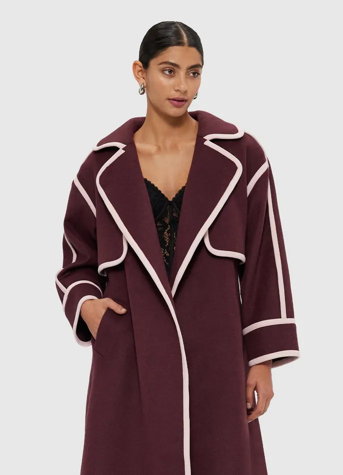 Coats and Jackets 3 in 1 Erin Contrast Stitch Wool Blend Coat 8211 Burgundy 8211 LEO LIN Women