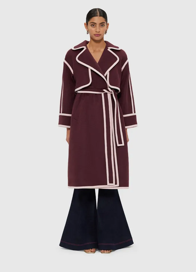 Coats and Jackets 3 in 1 Erin Contrast Stitch Wool Blend Coat 8211 Burgundy 8211 LEO LIN Women