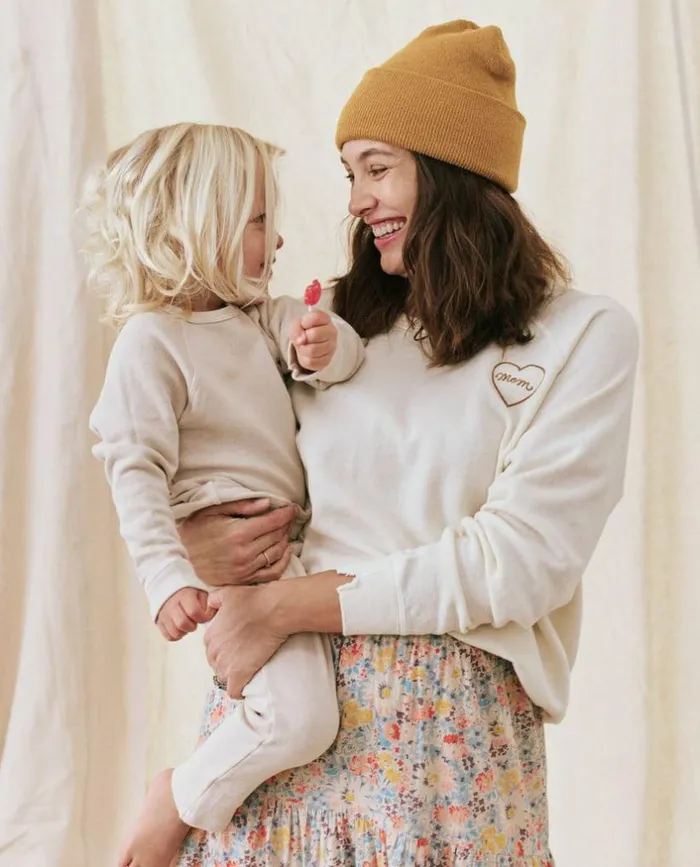 CollectionTees and Sweats The Great The Mom Embroidered College Sweatshirt Washed White With Spice