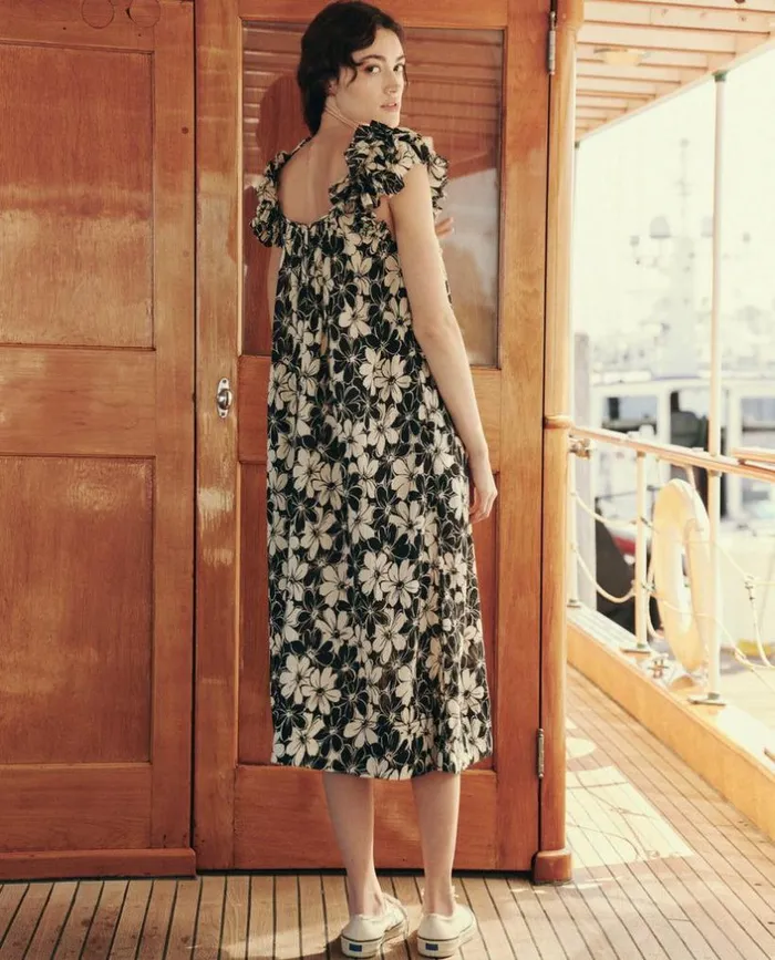 Collection The Great The Cascade Dress Black And Cream Hibiscus Floral