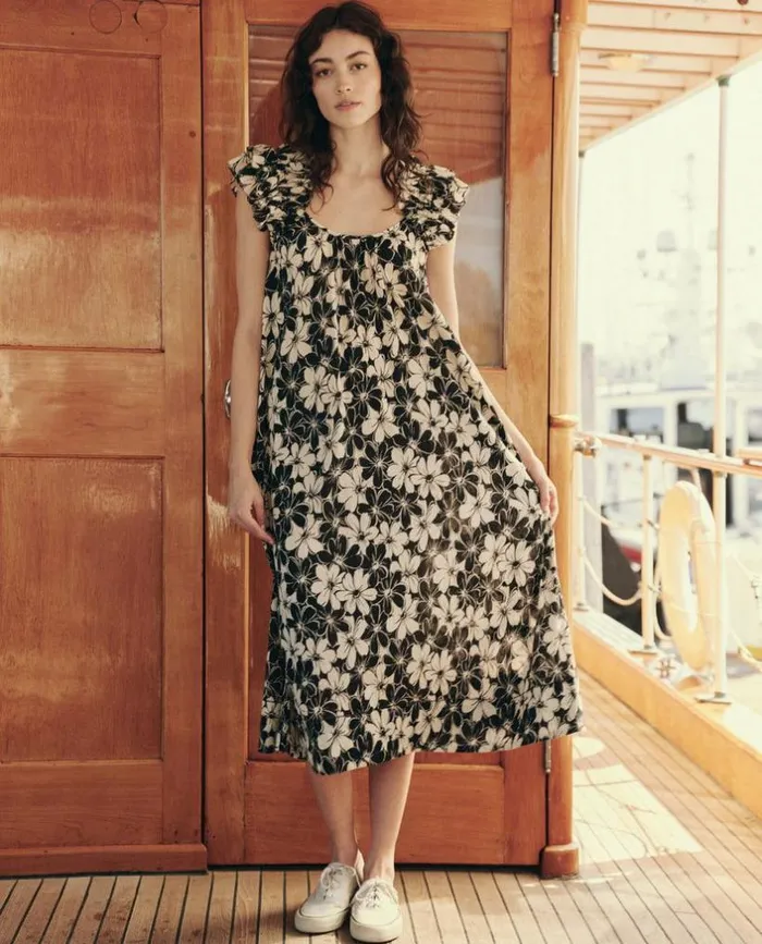 Collection The Great The Cascade Dress Black And Cream Hibiscus Floral