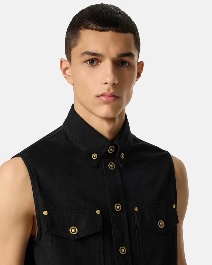 Denim Men Versace Denim Shirt Vest Black