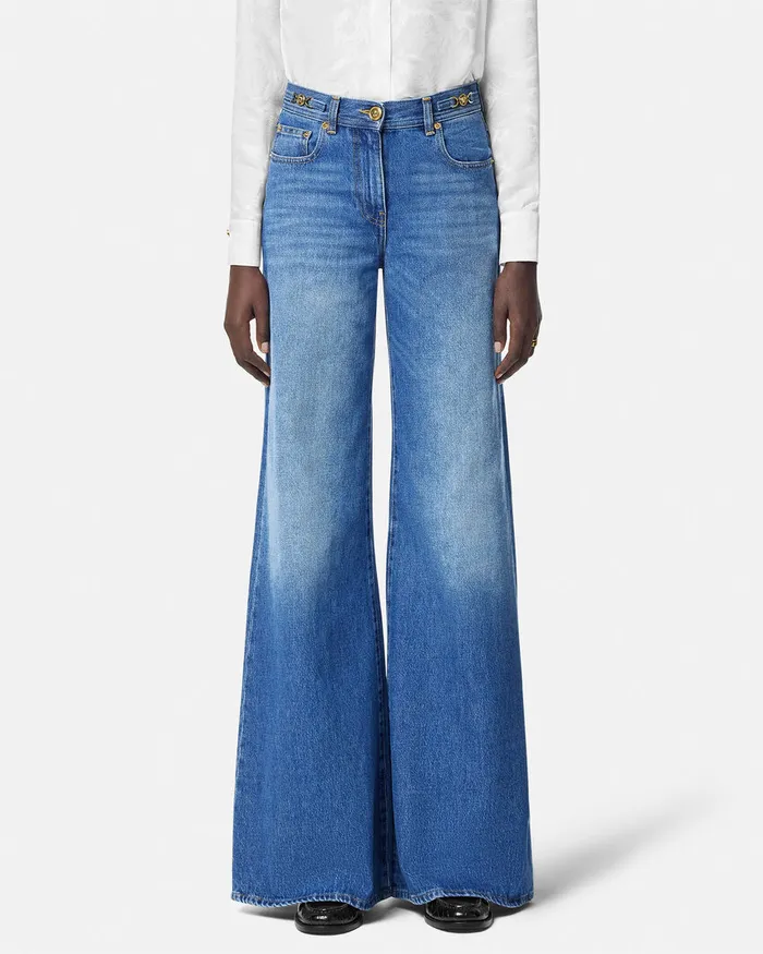 Denim Women Versace Medusa 03995 Wide Flared Jeans Blue