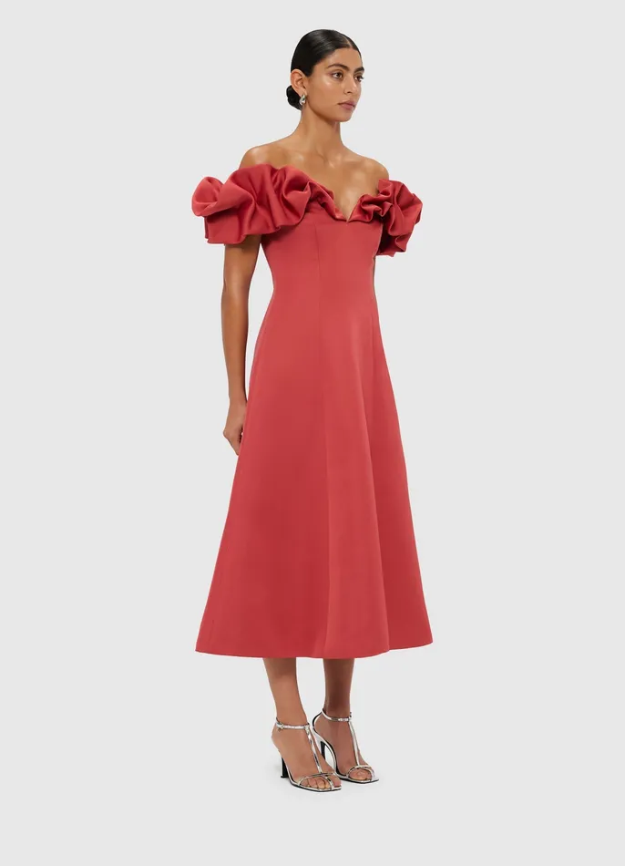 Dresses and Jumpsuits Annie Off Shoulder Frill Midi Dress 8211 Mulberry LEO LIN Women