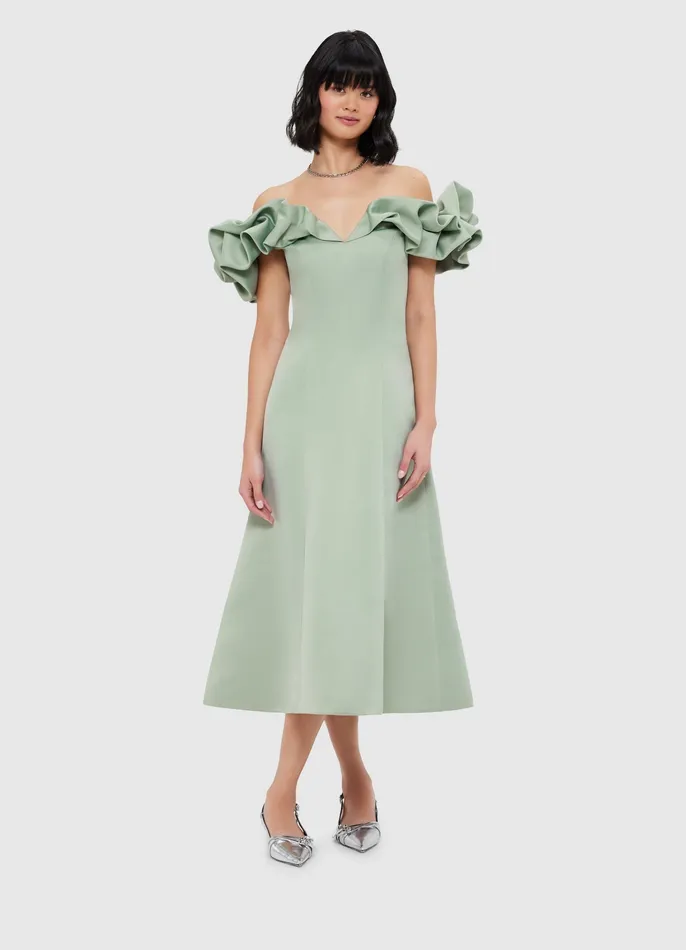 Dresses and Jumpsuits Annie Off Shoulder Frill Midi Dress 8211 Sage 8211 LEO LIN Women