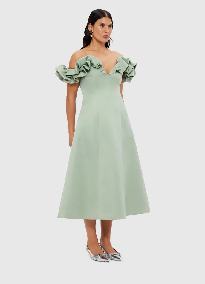 Dresses and Jumpsuits Annie Off Shoulder Frill Midi Dress 8211 Sage 8211 LEO LIN Women