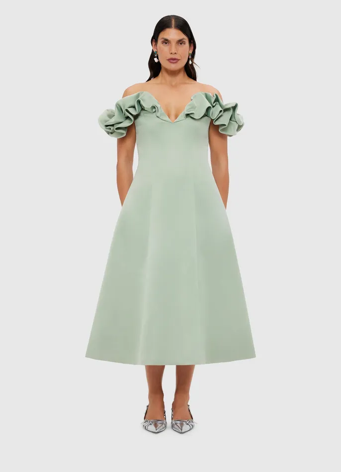 Dresses and Jumpsuits Annie Off Shoulder Frill Midi Dress 8211 Sage 8211 LEO LIN Women