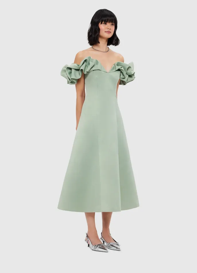 Dresses and Jumpsuits Annie Off Shoulder Frill Midi Dress 8211 Sage 8211 LEO LIN Women
