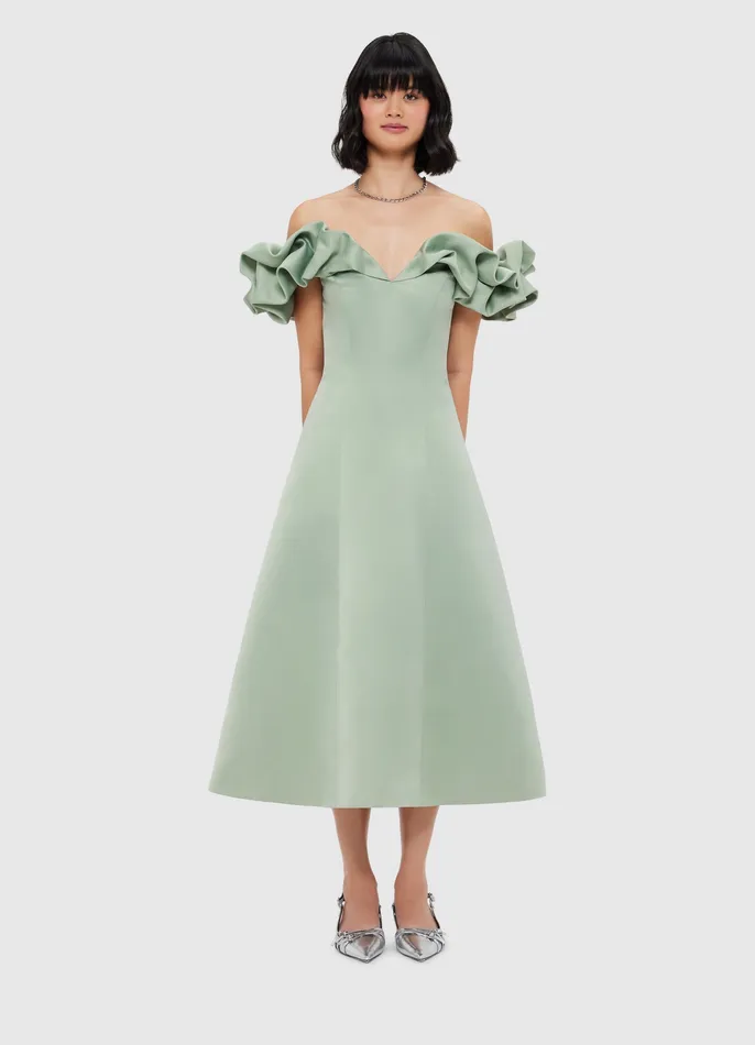 Dresses and Jumpsuits Annie Off Shoulder Frill Midi Dress 8211 Sage 8211 LEO LIN Women