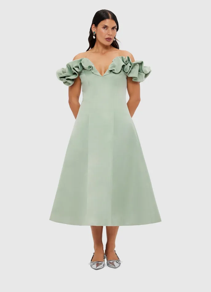 Dresses and Jumpsuits Annie Off Shoulder Frill Midi Dress 8211 Sage 8211 LEO LIN Women
