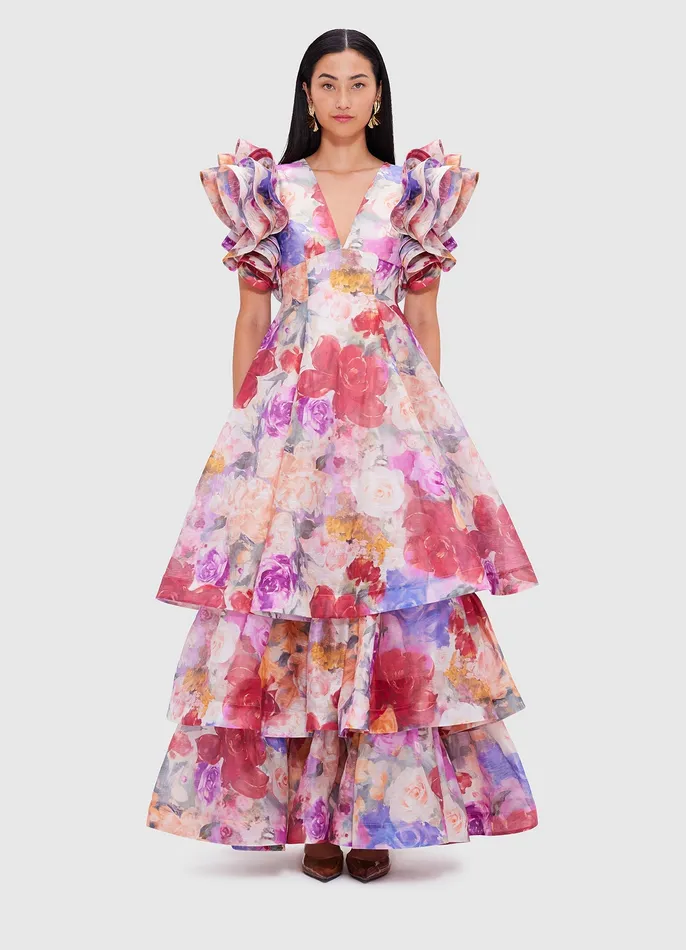 Dresses and Jumpsuits Women Federica Ruffled Gown 8211 Fleur Print LEO LIN