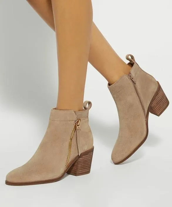 Dune London Ankle Boots Women Paicing Taupe Block Heel Side Zip Boots Neutral