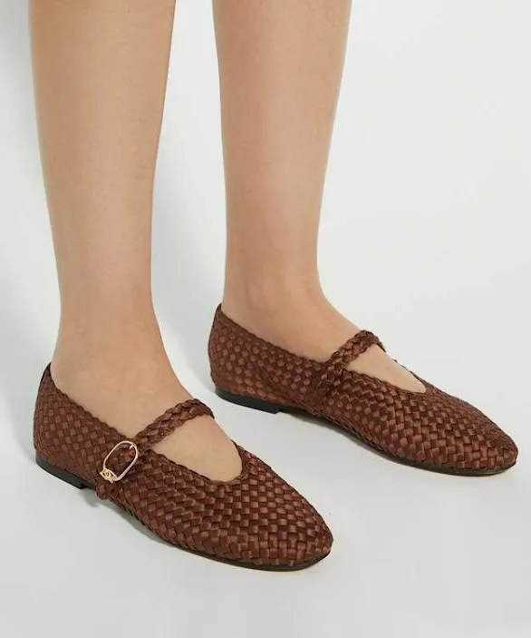 Dune London Ballet Pumps Women Headline Brown Leather Woven Mary Jane Ballet Flats Brown