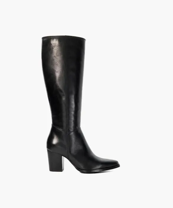 Dune London Black Boots Women Silahs Black Leather Western Knee High Boots Black