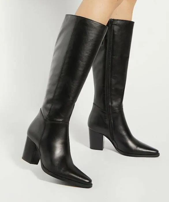 Dune London Black Boots Women Silahs Black Leather Western Knee High Boots Black