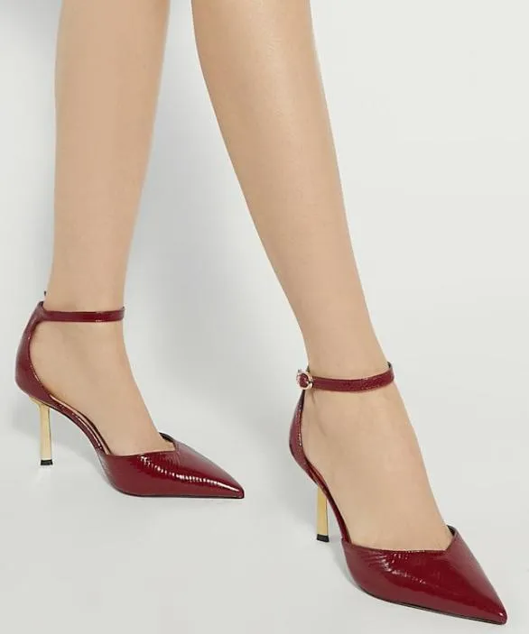 Dune London Court Shoes Women Colly Burgundy Ankle Strap Emerald Heel Court Shoes Red