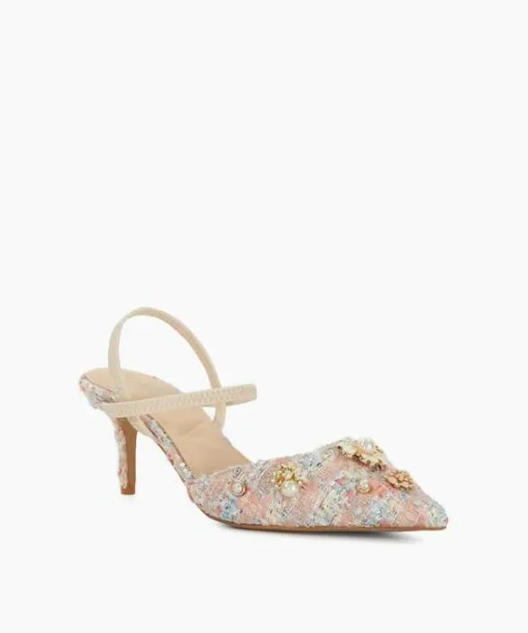 Dune London Court Shoes Women Diana Pink Boucle Embellished Open Kitten Heel Court Pink