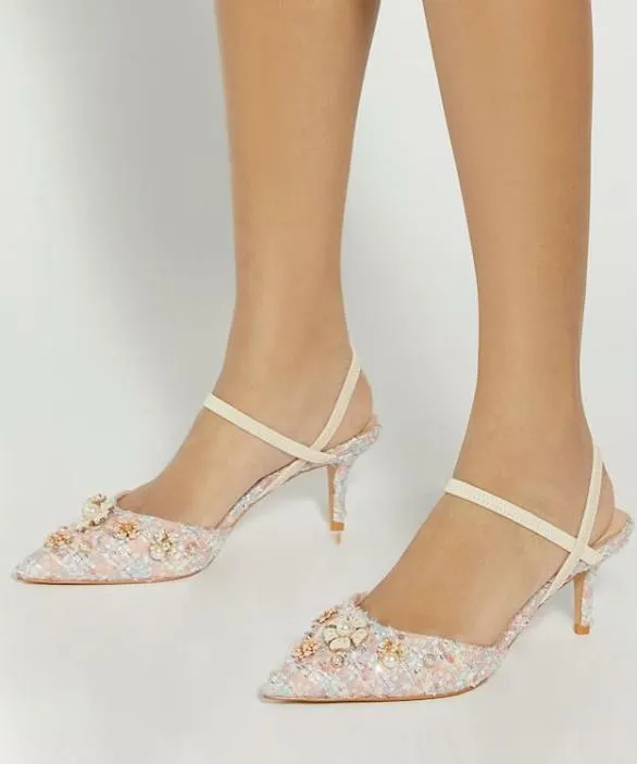 Dune London Court Shoes Women Diana Pink Boucle Embellished Open Kitten Heel Court Pink