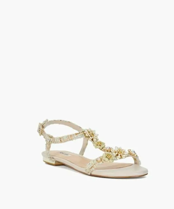 Dune London Flat Sandals Women Nature Natural Floral Embellished Tbar Sandals Green