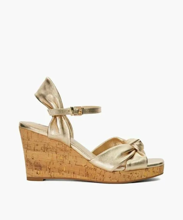 Dune London Gold Sandals Women Kaino Gold Leather Cork Wedge Metallic