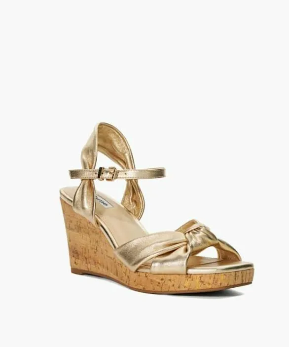 Dune London Gold Sandals Women Kaino Gold Leather Cork Wedge Metallic
