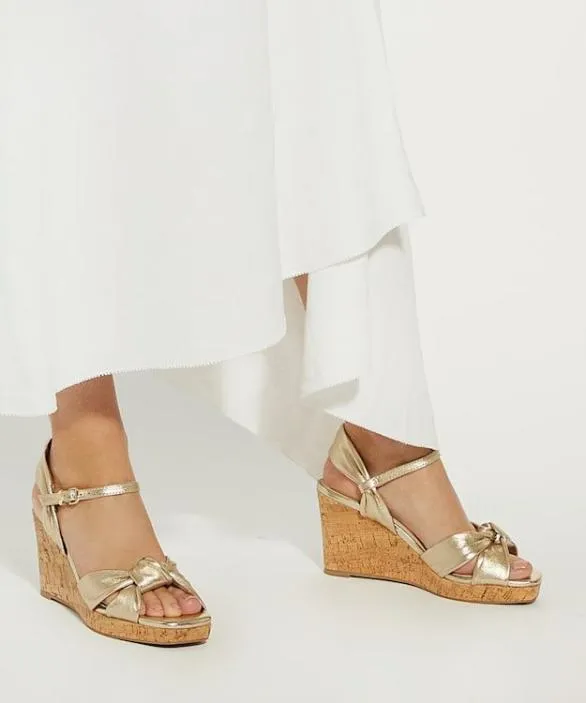 Dune London Gold Sandals Women Kaino Gold Leather Cork Wedge Metallic