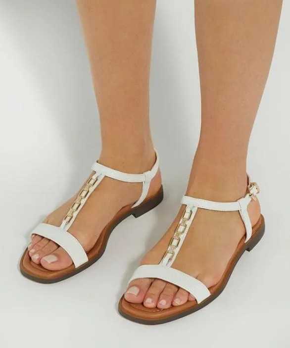 Dune London White Sandals Women Lottys White Chain Detail CrocEffect Flat Sandals White
