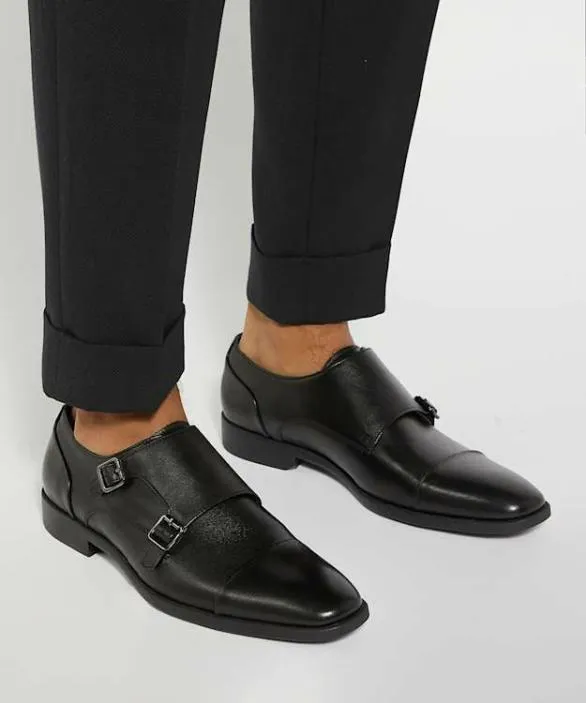 Dune London Wide Fit Shoes Men Satchin Black Wide Fit Double Strap Monk Shoes Black