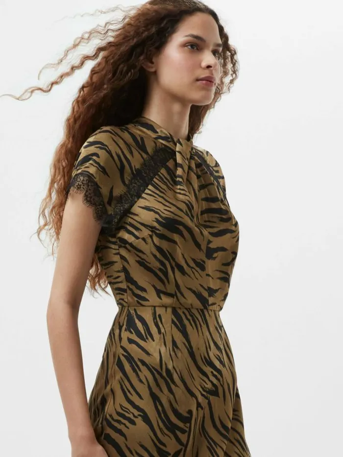 French Connection Adeline Ennis Eco Satin Lace Trim Dress Golden Olive Khaki Women Dresses