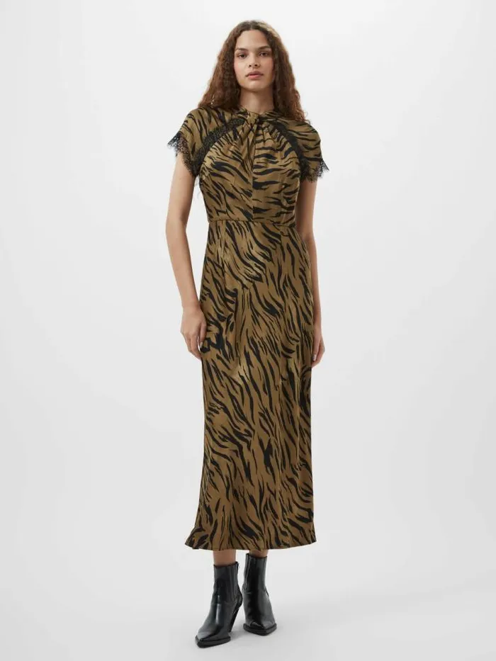 French Connection Adeline Ennis Eco Satin Lace Trim Dress Golden Olive Khaki Women Dresses