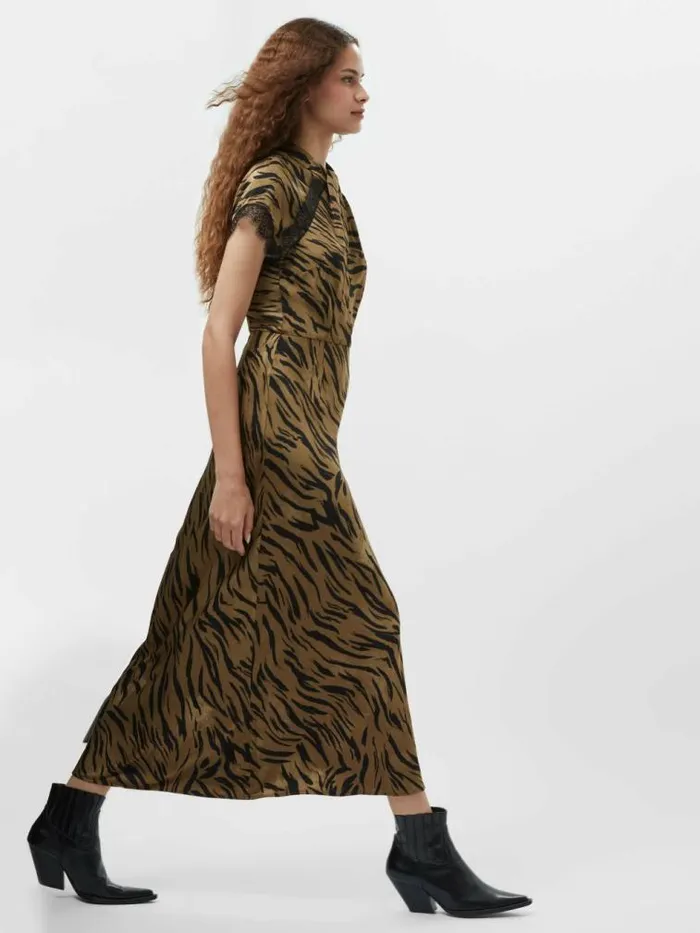 French Connection Adeline Ennis Eco Satin Lace Trim Dress Golden Olive Khaki Women Dresses