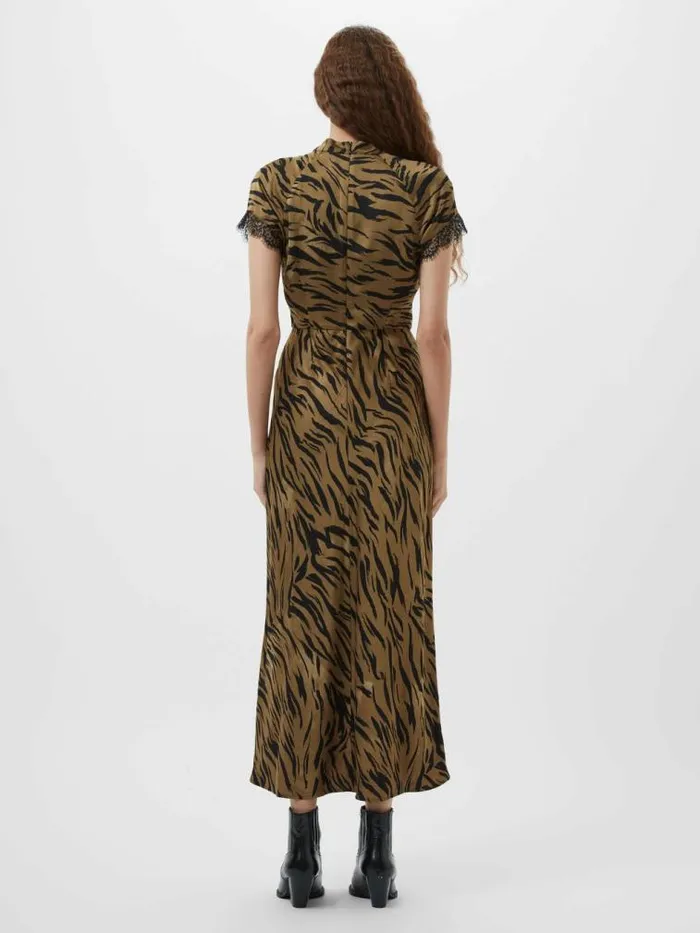 French Connection Adeline Ennis Eco Satin Lace Trim Dress Golden Olive Khaki Women Dresses
