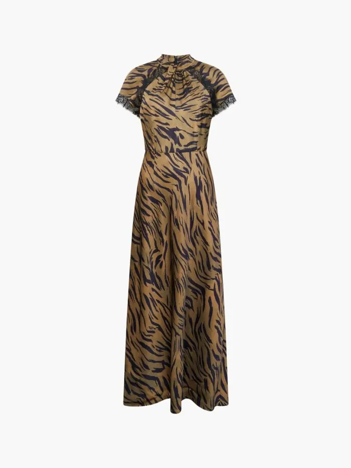 French Connection Adeline Ennis Eco Satin Lace Trim Dress Golden Olive Khaki Women Dresses