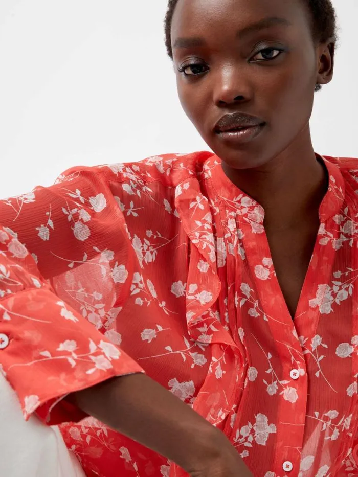 French Connection Alessandra Recycled Crinkle Blouse Cayenne Redwhite Women Tops