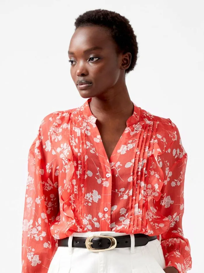 French Connection Alessandra Recycled Crinkle Blouse Cayenne Redwhite Women Tops