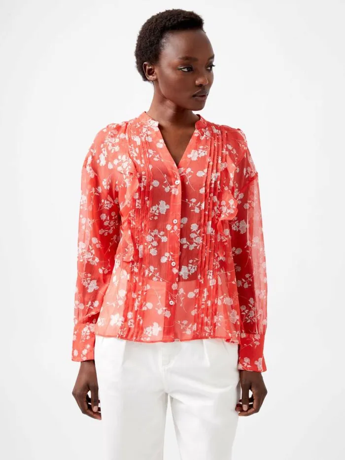 French Connection Alessandra Recycled Crinkle Blouse Cayenne Redwhite Women Tops