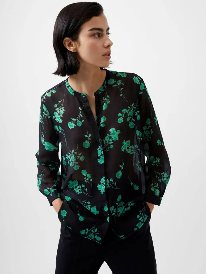 French Connection Alessandra Recycled Long Sleeve Shirt Blackoutminted Grn Women Tops