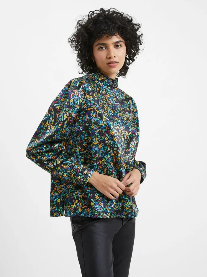 French Connection Amber Adora Satin Top Blackout Multi Women Tops