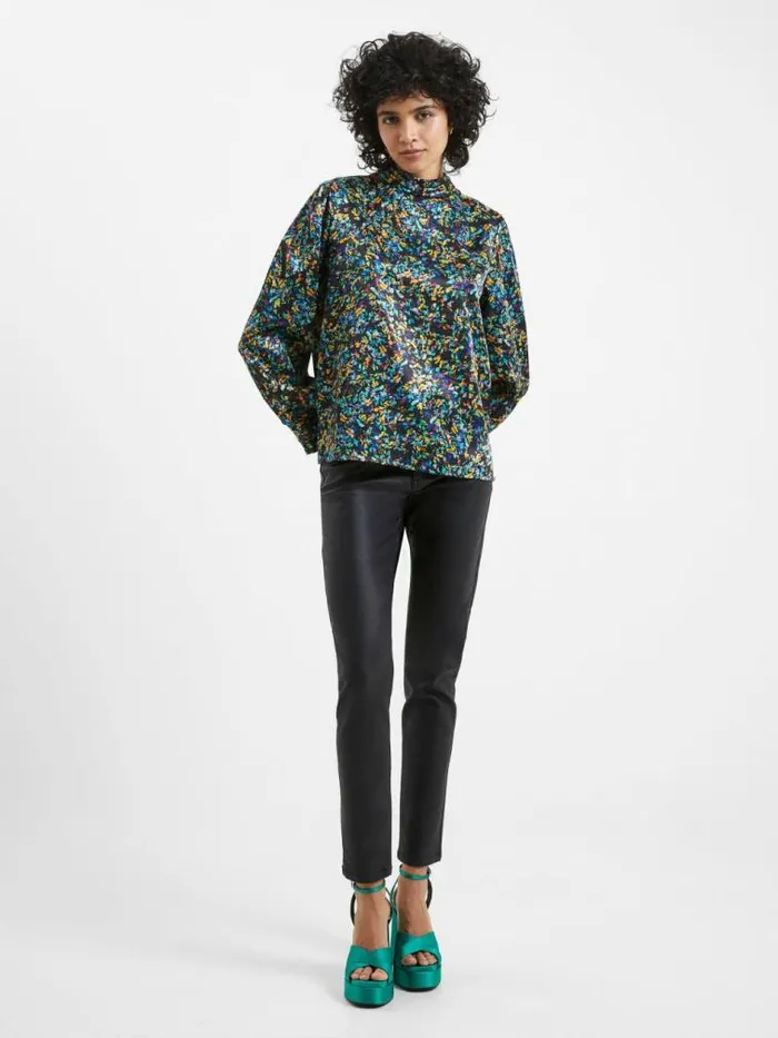French Connection Amber Adora Satin Top Blackout Multi Women Tops