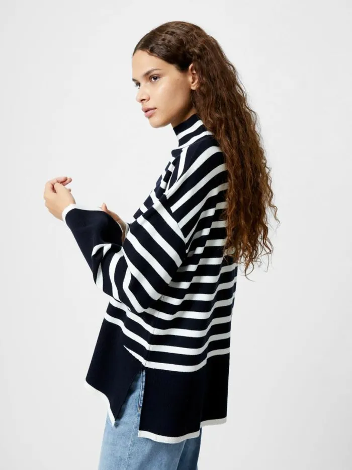 French Connection Babysoft High Neck Striped Side Split Jumper Midnightwinter Wht Women Jumpers and Cardigans French Connection Babysoft High Neck Striped Side Split Jumper Midnightwinter Wht Women Jumpers and Cardigans