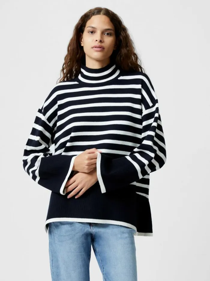 French Connection Babysoft High Neck Striped Side Split Jumper Midnightwinter Wht Women Jumpers and Cardigans