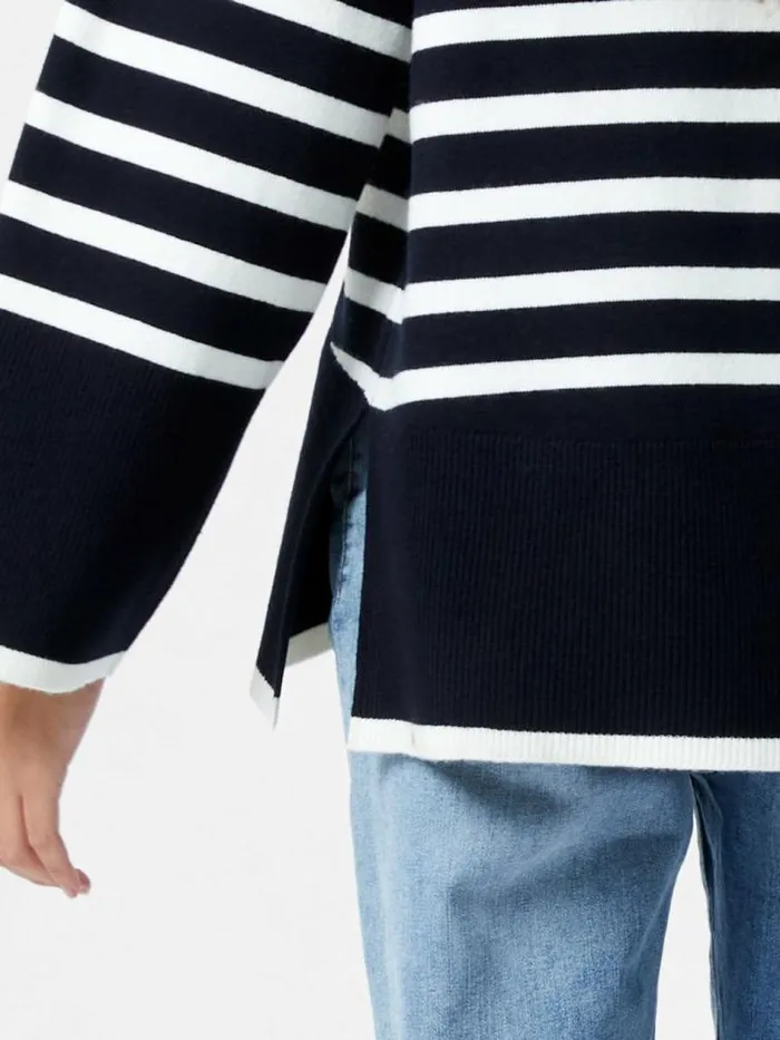 French Connection Babysoft High Neck Striped Side Split Jumper Midnightwinter Wht Women Jumpers and Cardigans