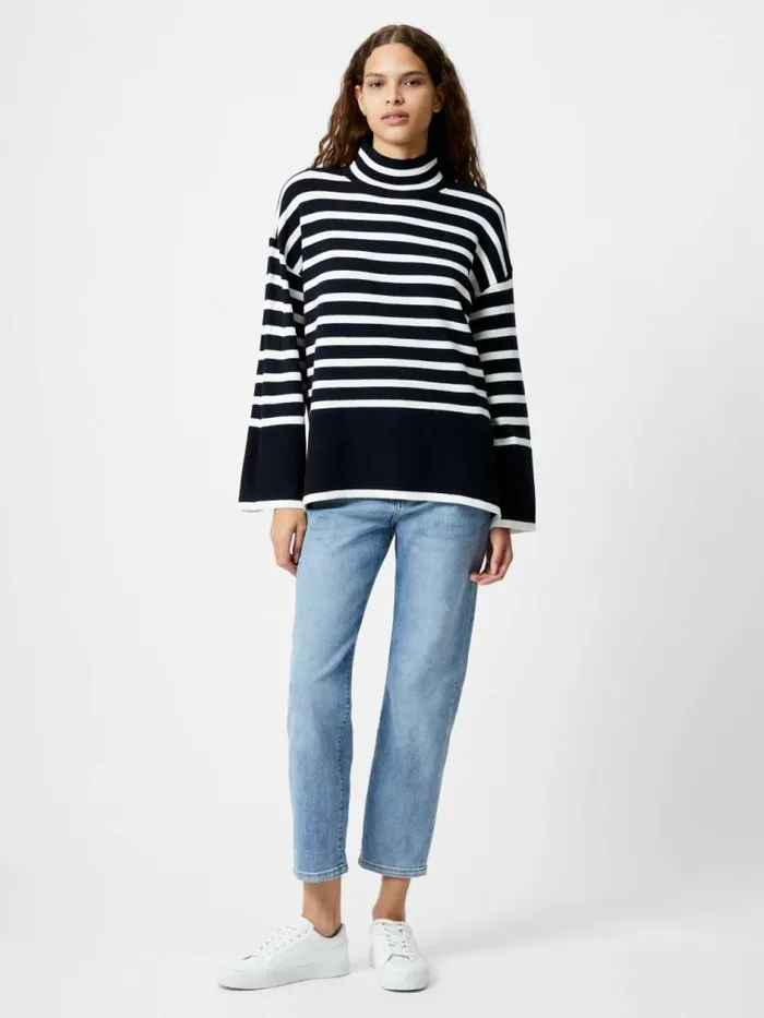 French Connection Babysoft High Neck Striped Side Split Jumper Midnightwinter Wht Women Jumpers and Cardigans