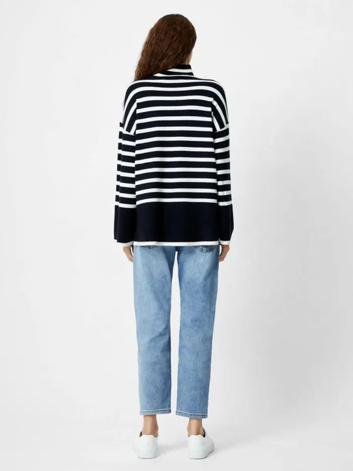 French Connection Babysoft High Neck Striped Side Split Jumper Midnightwinter Wht Women Jumpers and Cardigans