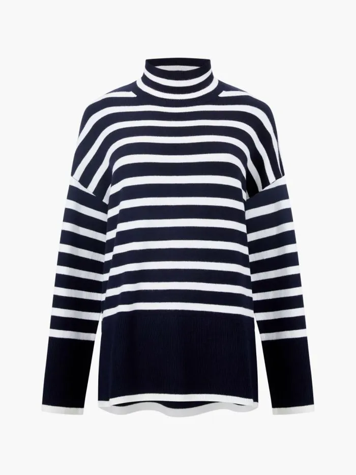 French Connection Babysoft High Neck Striped Side Split Jumper Midnightwinter Wht Women Jumpers and Cardigans