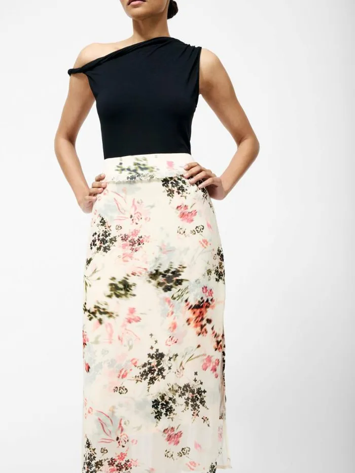 French Connection Candice Satin Georgette Overlay Midi Skirt Creamscarlet Red Multi Women Skirts