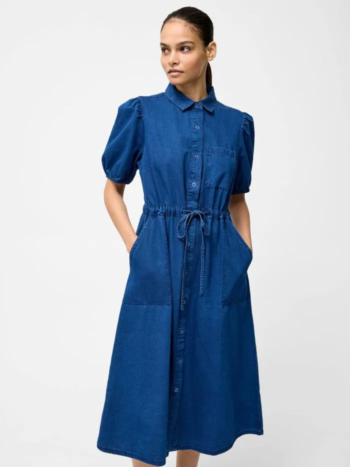 French Connection Chambray Popper Through Tie Shirt Dress Mid Wash Chambray Women Dresses