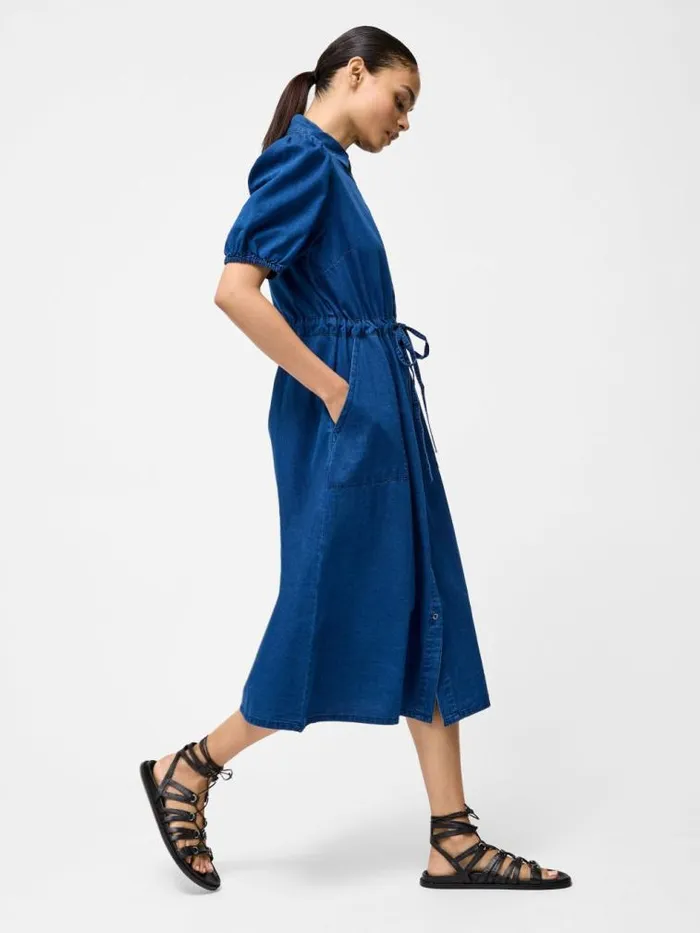 French Connection Chambray Popper Through Tie Shirt Dress Mid Wash Chambray Women Dresses